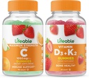 Lifeable Vitamin C 1050mg + Vitamin D3 + Vitamin K2, Gummies Bundle - Great Tasting, Vitamin Supplement, Gluten Free, GMO Free, Chewable Gummy