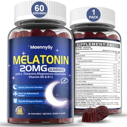 Melatonín 20mg Gummy pre dospelých - bezcukrový melatonín Gummy Extra sila s L-theanine, horčík, Ashwagandha, kurkuma, D3 & Zinok - Non-Habit formovanie