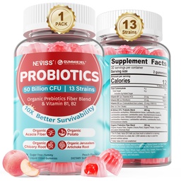 NEVISS Probiotiká + Prebiotické Gummy pre dospelých a deti 4+, bezcukorové žuvacie 50 miliárd CFU w/fiber, vitamín B1 B2 D3 a zinok, pre hydratačné a črevné zdravie, Boost Microflora Diversity, 60 Cts