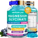 60-dňová zásoba horčíka Glycinate 400 mg Gummy s Ashwagandha, L-Theanine, CoQ10, vitamín D3 & B6, bezcukrové guličky pre dospelých a deti, úľava od stresu, spánok a pokoj, Vegan, bez lepku