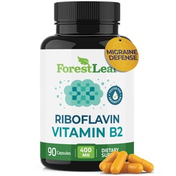 ForestLeaf Vitamín B2 Riboflavín 400mg - Energie, Skin & Cellular Health Supplement - Nervový systém Podpora - Vitamín B 2 VIT B - Non-GMO & Gluten Free - B2 Vitamín 400mg Rastlinné kapsuly, 90 Počet