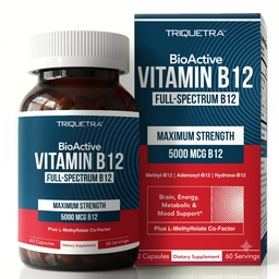 BioAktívny vitamín B12 - 5000 mcg, obsahuje 3 bioaktivné formy B12 Plus metylfolát kofaktor - Metyl B12, Adenozyl B12 & Hydroxy B12 