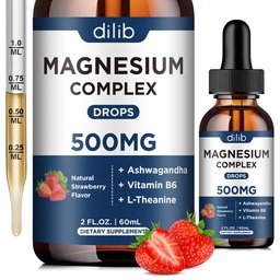 Triple Magnézium Complex Supplement-Magnezium Glycinát, Citrát, Malátne tekuté kvapky 500mg s Ashwagandha, L-teanín, Vitamín B6 pre úľavu od stresu, spánok, svalová podpora-jablková chuť