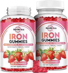 Železo Gummy - s vápnikom, zinkom, folátom a vitamínom B12, C, B6 pre dospelých a deti - Blood Builder & Energy Support for Iron Deficitability, Anémia, Vegan - 2 Balenie Jahodová príchuť,60 Gummies