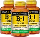 Mason Natural Vitamin B1 (Thiamin) 100 mg, Zdravá konverzia potravín na energiu, podporuje Nerve a Immune Health, 100 tabliet (Pack of 3)
