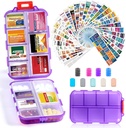 14 Grids Travel pilulky Organizátor box s 415-Pcs Názov lieku Etikety, Pocket Daily Pharmacy Case Container, Travel Mediciation Holder Dispenser Súprava pre rybí olej Vitamínové doplnky úložisko -Clear Purple
