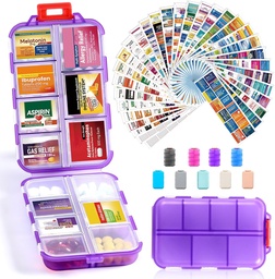 14 Grids Travel pilulky Organizátor box s 415-Pcs Názov lieku Etikety, Pocket Daily Pharmacy Case Container, Travel Mediciation Holder Dispenser Súprava pre rybí olej Vitamínové doplnky úložisko -Clear Purple