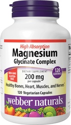 Webber Naturals Magnézium Glycinate Complex 200 mg, 120 Vegetariánske kapsule, vysoká absorpcia Formula, podporuje kosti, srdce, svalov a nervov, One-per-day, Vegan, Nová značka!