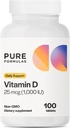 PureFormulas Vitamín D3 1000 IU 25 μg - Premium Vitamín D doplnok pre zdravú tvorbu kostí, zuby, kardiovaskulárne zdravie a imunitnú podporu Non-GMO - 100 počet tabliet