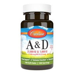 Karlson - A & D, 25000 IU (7500 μg RAE) Vitamín A, 1000 IU (25 μg) Vitamín D, podpora zraku, zdravie pokožky, 100 softgelov