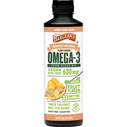 Barlean 's Ginger Peach Vegan Omega 3 Supplement, Liquid Algae Oil with 630 mg EPA & DHA, Plant Based Omegas from Algal Oil, Non-GMO & Gluten Free, 16 oz