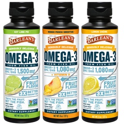 Barlean's Omega 3 Fish Oil Liquid Supplement 3-Flavor Variety Pack for Men and Women, EPA and DHA Mastné kyseliny, Obsahuje Key Lime Pie, Lemon Crème a Mango Peach Flavors, 8 oz