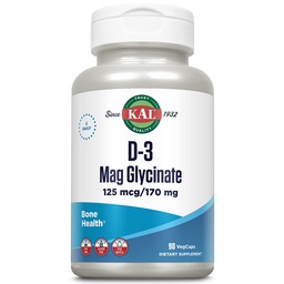 KAL vitamín D3 a glycinát horečnatý, zvýšená absorpčná formula s bioprénom, podpora zdravia svalov a kostí, imunitná podpora a viac, non-GMO, bez lepku, 45 Servisov, 90 VegCaps