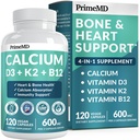 4-in-1 Vápnikové doplnky pre ženy a mužov - Vápnik s vitamínom D3 K2 5000 IU Supplement, 601 mg per Servírovanie - bez lepidla, Vegan-Priatelia (120 ct)