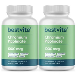 BESTVITE chromium pikolinát 1000mcg (480 Vegetariánske kapsuly) (240 x 2) - žiadne stearáty - bez dikalciumfosfátu - Vegan - bez lepidla - non-GMO