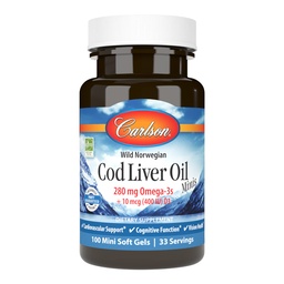 Carlson - Cod Liver Oil Minis, 280 mg Omega-3s + Vitamíny A a D3, podpora srdca a kognitívna funkcia, zdravie zraku, 100 mini softgelov