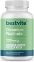 BESTVITE chróm pikolinát 200mcg (250 Vegetariánske kapsule) - Žiadne stearáty - Bez dikalciumfosfátu - Vegan - Gluten bez - non-GMO