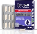 Bio360 Adult Daily Probiotic Supplement for Women & Men, 30 miliárd CFU, 10 kmeňov, Organic Prebiotic Fibers, Digestive & Immune Health, Príležitostná zápcha, hnačka, Plyn & Bloating, 30CT