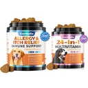 Psie alergie Žuvačky + Karmelie 24 v 1 pes Multivitamín Žuvacie - 400 Liečebné - Sezónne Alergické Relief + Psie vitamíny pre Hip & Joint, kože a kože, Imunitné zdravie (Chicken Flavor)