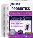 Bio360 Probiotiká pre deti - 15 kmeňov & 5 miliárd CFU podporuje mozog, imunitné a trávivé zdravie - deti probiotické žuvacie s organickými prebiotikami pre Gut & Coconbase, zmiešané Berry Flavor, 30 Počet