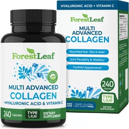 ForestLeaf Multi Collagen Pills - Collagen Muži a kolagén Ženy - Hydrolyzované kolagénové doplnky s vitamínom C a kyselinou hyalurónovou - Kolagénové kapsule pre vlasy, kožu a nechty (240 Peptide Kapsule)