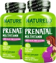 NATURELO Prenatálny multivitamín s jemným obsahom železa, metylfolátu, rastlinného vápnika a cholínu - Vegan, Vegetarián - Non-GMO - bezlepok - 180 kapsúl - 4 mesiace (Stock of 2)