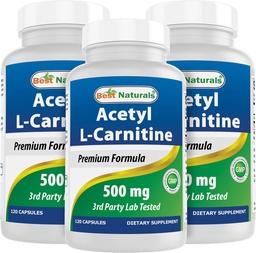 Najlepšie Naturals Acetyl L-karnitín (ALCAR) 500mg, 120 Kapsule, 120 Servings - Non-GMO a lepidlo zadarmo, 1 Kapsula na obsluhu (3 balenie)