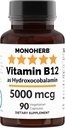 MONOHERB Hydroxo B12 Vitamin 5000mcg, Hydroxocobalamin, Hydroxy B12