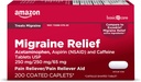 Amazon Basic Care Migraine Relief, Acetaminophen, Aspirín (NSAID) a kofeín tablety, bolesť hlavy bolesť Reliever / Pain Reliever Aid, 200 Počet