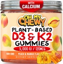 Center-filled Vitamín D3 K2 Gummy - Deti, dospievajúci a dospelí - Doplnok pre zdravé zuby, kosti, energiu a imunitu - 5000 IU D3, 120 mcg K2 (MK-7), 120 mg vápnika - Vegan a non-GMO - 120 Počet