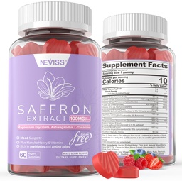 Šafran Doplnky Gumies 100mg - 100% Pure Saffron Extract With Magnézium Glycinate, L-theanine, Turmerica, Ashwagandha, Honey & Vitamin B Complex for Mood & Power, Antioxidant, Vitality - 120 Count