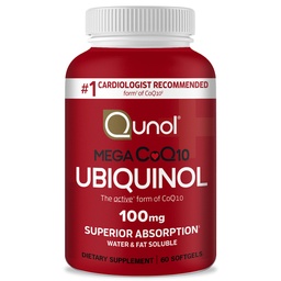 Qunol Ubichinol CoQ10 100mg Softgels, Mega Ubichinol 100mg - Superior Absorbcia - Aktívna forma koenzýmu Q10 pre zdravie srdca a zdravé hladiny krvného tlaku - 2 mesiace Zásobovanie - 60 Počet