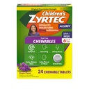 Zyrtec Detské bezfarbené žuvačky na 24 hodín Alergy Relief, 10 mg Cetirizín Hydrochlorid Antihistaminiká Tablety, Deti Alergy Medicine Reliéves Stihnutie a svrbenie Hrdlo, Hrozno, 24 ot