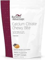 Bariatrická výhoda Vápnik Citrát Chewy Bites 500 mg - Vysoko absorpčné a dispergovateľné - Vitamín D3 - Ľahko žuvateľné kalcium doplnok - Arašidové maslo čokoláda - 90 Počet