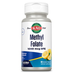 KAL Methyl Folát 1000 mcg, 5- MTHF Active Form, Folic Acid Supplement, Heart Health, Prenatal, Mood and Brain Support, Vegetarian, Natural Lemon ActivMelt, 60- Day Guarantee, 60 Serv, 60 Micro Tablets