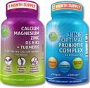 Zdravie kostí a Gut Podpora Bundle 3-in-1 Probiotikum 50 miliárd CFU, Prebiotické a tráviace enzýmy + Rastlinný vápnik, horčík, Zinok, D3, K2 & Organic Turmeric 