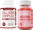 Purely Optimal Premium Multi Collagen Peptidy Kapsule (typy I, II, III, V, X) + Premium Vlasy Vitamíny Supplement-Gummy Vitamíny w/Biotín, Kyselina listová, Vitamíny A a D