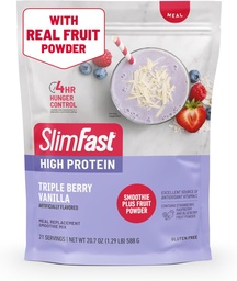 SlimFast High Protein Smoothie Mix Plus Fruit Powder, High Protein Meal Replacement Powder, Fiber, Vitamín C, 21 Servings, 1,29 libra, Triple Berry Vanilla (Backaging May Vary)