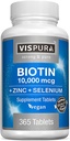 Biotín 10000 mcg + zinok + selén, Pure, Vegan a extra silný, Najlepšie doplnok pre rast vlasov, žiariaca koža, silné nechty*, 365 tabliet po dobu 12 mesiacov, prírodné bez prídavných látok