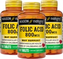 MASON NATURAL Folic Acid 800 mcg - Pomáha nervový systém funkcie, denné doplnok pre zdravie, náladu a prenatálnu starostlivosť, pre ženy v plodnom veku, 100 tabliet (Súprava 3)