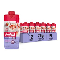 SlimFast Protein Shake, Strawberry- 20g Protein, Meal Replacement Shake Ready to Drink, High Protein with Low Carb and Low Sugar, 24 Vitamins and Minerals, 12 Count (Pack of 1) (Packaging May Vary)