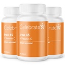Oslavujte vitamíny Železo Supplement s vitamínom C - 45 mg Železo, 60 mg Vitamín C, Bariatrické vitamíny pre pacientov s WLS, Vertical Sleeve & Gastric Bypass chirurgia (90 kapsúl)