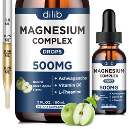 Triple Magnézium Complex Supplement-Magnesium Glycinate, Citrate, Malate Liquid Drops 500mg s Ashwagandha, L-Theanine, B6 pre pokoj, stres Relief, spánok, svalová podpora-zelená jablková chuť