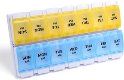 Sukuos AM Týždenný pilulka Organizátor 7 deň, 2 krát denne Medicine pilulky s jednoduchým tlačným tlačidlom, BPA zadarmo vitamínové púzdra pre rybí olej / Doplnky, ľahko čistiť (žltá a modrá)