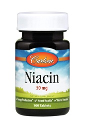 Carlson - Niacin, 50 mg, podporuje metabolizmus cholesterolu, výrobu energie, zdravie srdca, nervovú funkciu, 100 tabliet