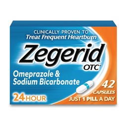 Zegerid OTC, 24-hodinová úľava od pálenia záhy, kyselina refluxná medicína a antacidum, liečba častým pálením záhy, omeprazol 20 mg + bikarbonát sodný, inhibítor protónovej pumpy (PPI), 42 kapsúl
