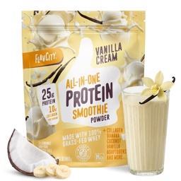FlavCity Vanilla All in one Protein Shake Powder - On the Go Meal Alternatíva + Collagen Peptidy, Reishi & Cordyceps - Focus, koža, vlasy a kĺb podpora - 100% tráva Fed Srvátka, 20 porcií