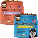 Natural Dog Company Multivitamín Supplement Chews + Skin & Coat Supplement Chews for Psy - Komplexná výživa starostlivosť o zdravú pleť, lesklý plášť, spoločná podpora, a imunitný systém Boost