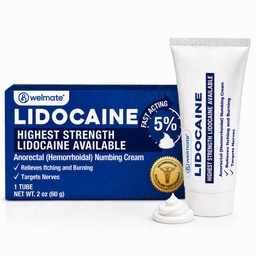 WELMATE - 5% Lidokainový krém, 2 oz (60 g) - maximálna sila Lidokaínový krém - úľava proti hemoroidom - anestetikum na vonkajšie použitie, vitamín E - detská rezistencia - topická starostlivosť o pokožku