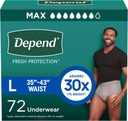 Depend Fresh Protection Adult Diapers, Incontinence Spodná bielizeň pre mužov, Jednorazové, Maximálne, Veľké, Sivé, 72 Počet (2 balenia po 36), Balenie máj Vary